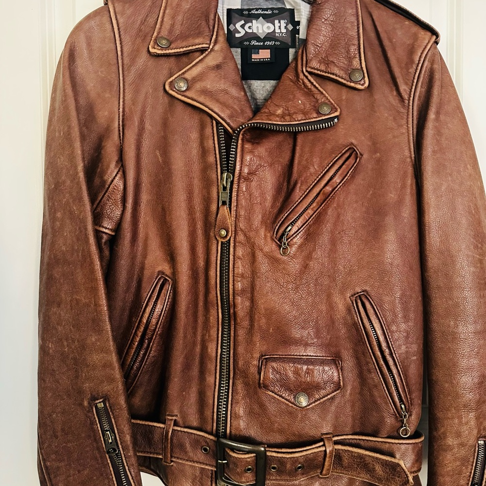 Schott NYC Brown Motorcycle Jacket Distressed Leather